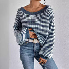Boat Neck Long Sleeve Striped Sweater