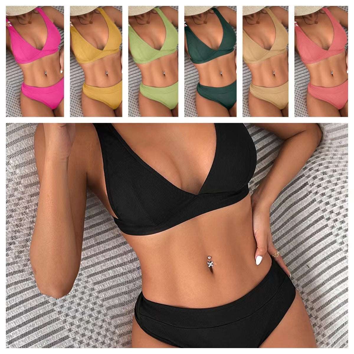 Einfarbiger, gerippter Bikini mit mittlerer Taille