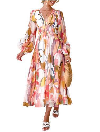 Printed V-Neck Long Sleeve Summer Maxi Dress