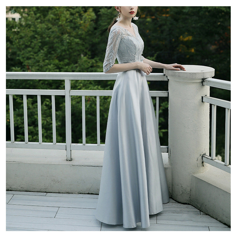 Elegant Evening Gown with Lace Sleeves in 6 Colors XS-4XL