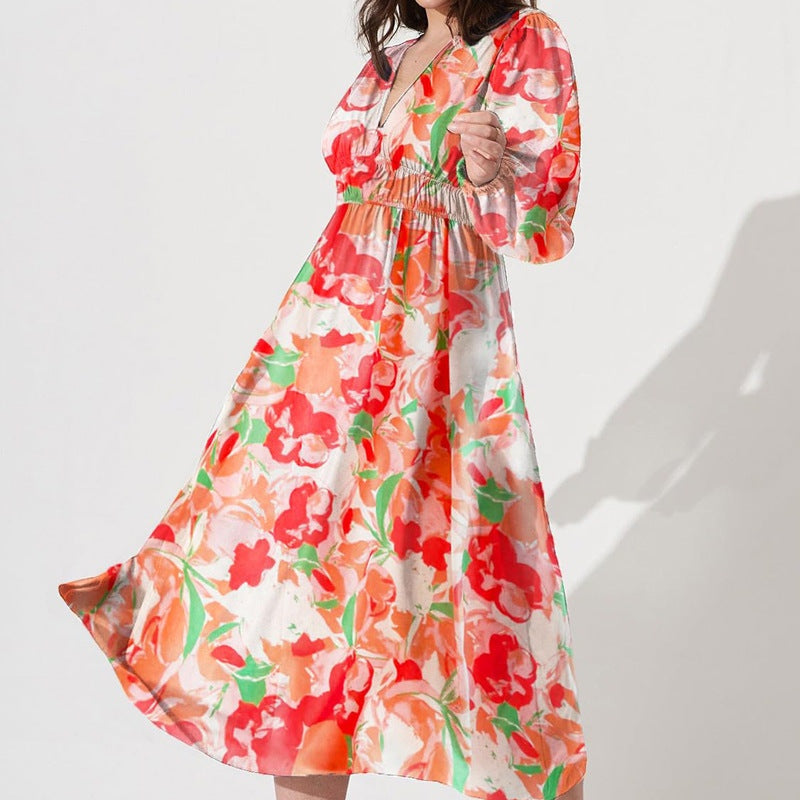Printed V-Neck Long Sleeve Summer Maxi Dress