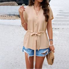 V-Neck Short Sleeve Top with Drawstring Waist in 5 Colors S-XL