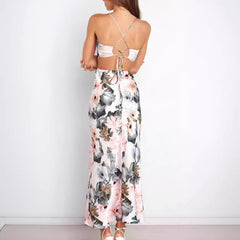 Sleeveless Backless Satin Floral Maxi Dress