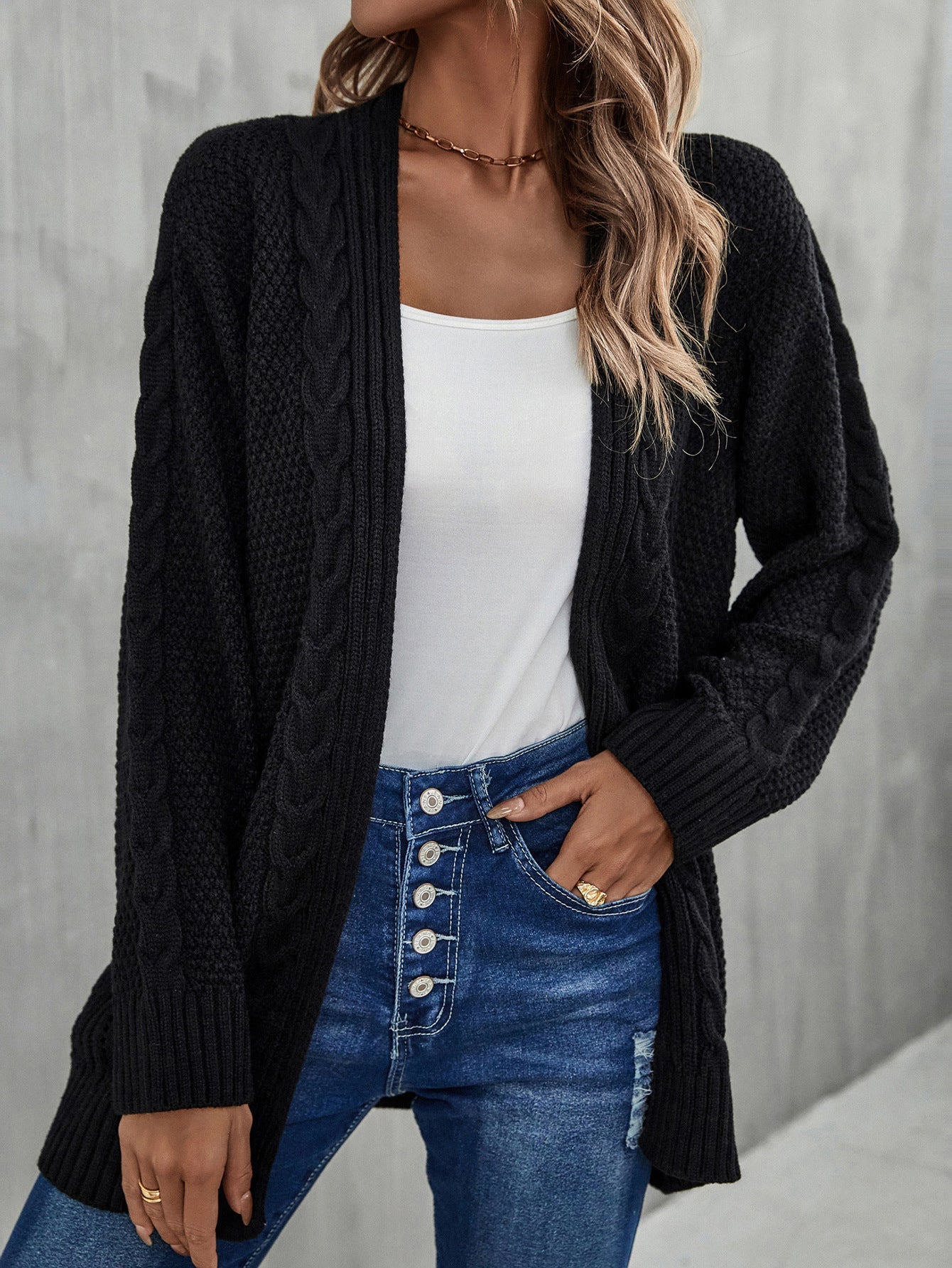 Mid-Length Long Sleeve Knit Cardigan