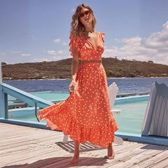 Polka Dot V-Neck Crop Top with Maxi Skirt Set