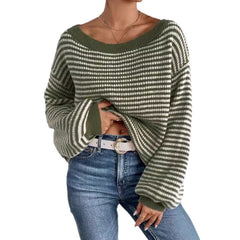 Boat Neck Long Sleeve Striped Sweater