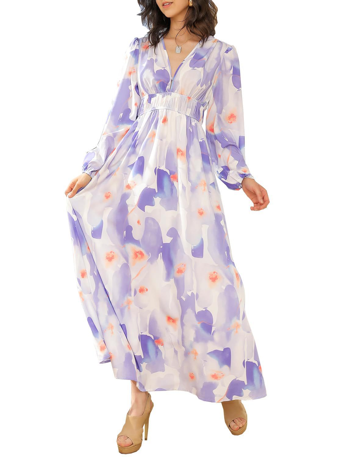 Printed V-Neck Long Sleeve Summer Maxi Dress