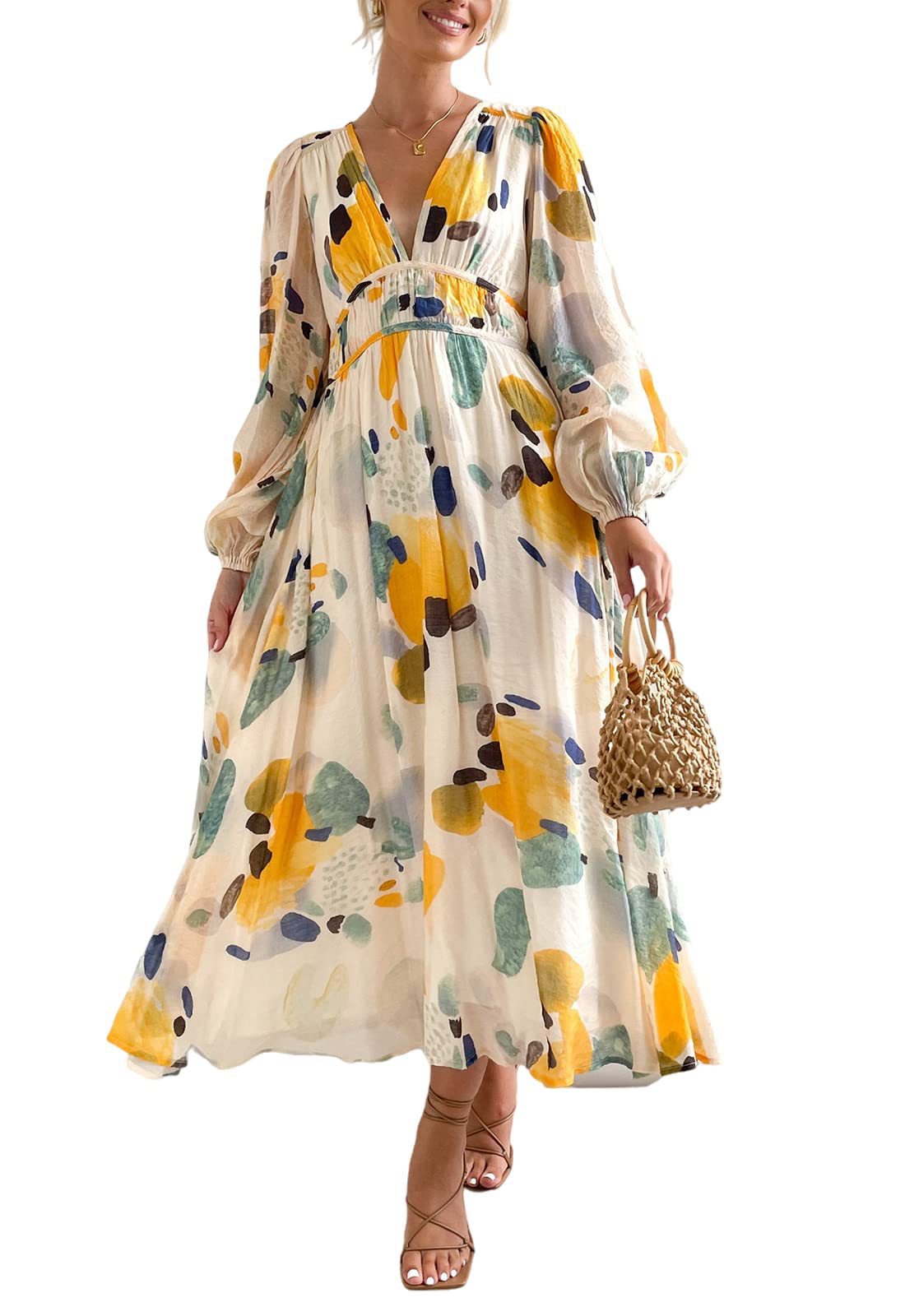 Printed V-Neck Long Sleeve Summer Maxi Dress