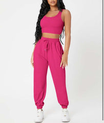 Sleeveless Crop Top with Cuffed Sweatpants Activewear Set in 7 Colors S-XL