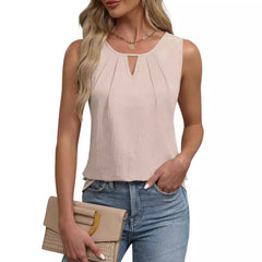Solid Colour Pleated Sleeveless Top with Keyhole