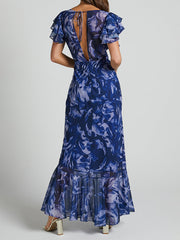 Printed Chiffon V-Neck Maxi Dress with Short Ruffled Sleeves and Open Back S-XL