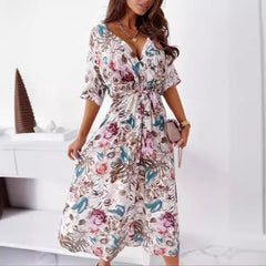 Floral V-Neck Midi Dress with Elastic Waist