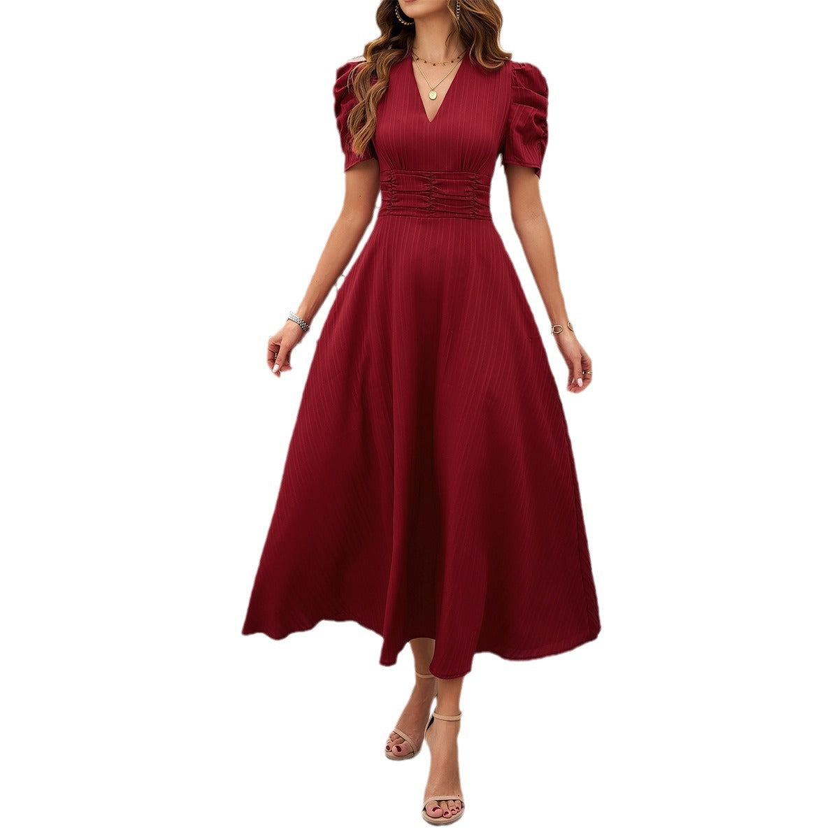 Elegant V-Neck Short Sleeve Midi Dress with Cinched Waist in 3 Colors S-XL