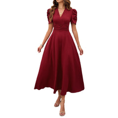 Elegant V-Neck Short Sleeve Midi Dress with Cinched Waist in 3 Colors S-XL