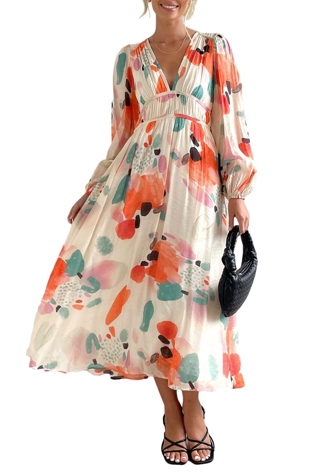 Printed V-Neck Long Sleeve Summer Maxi Dress
