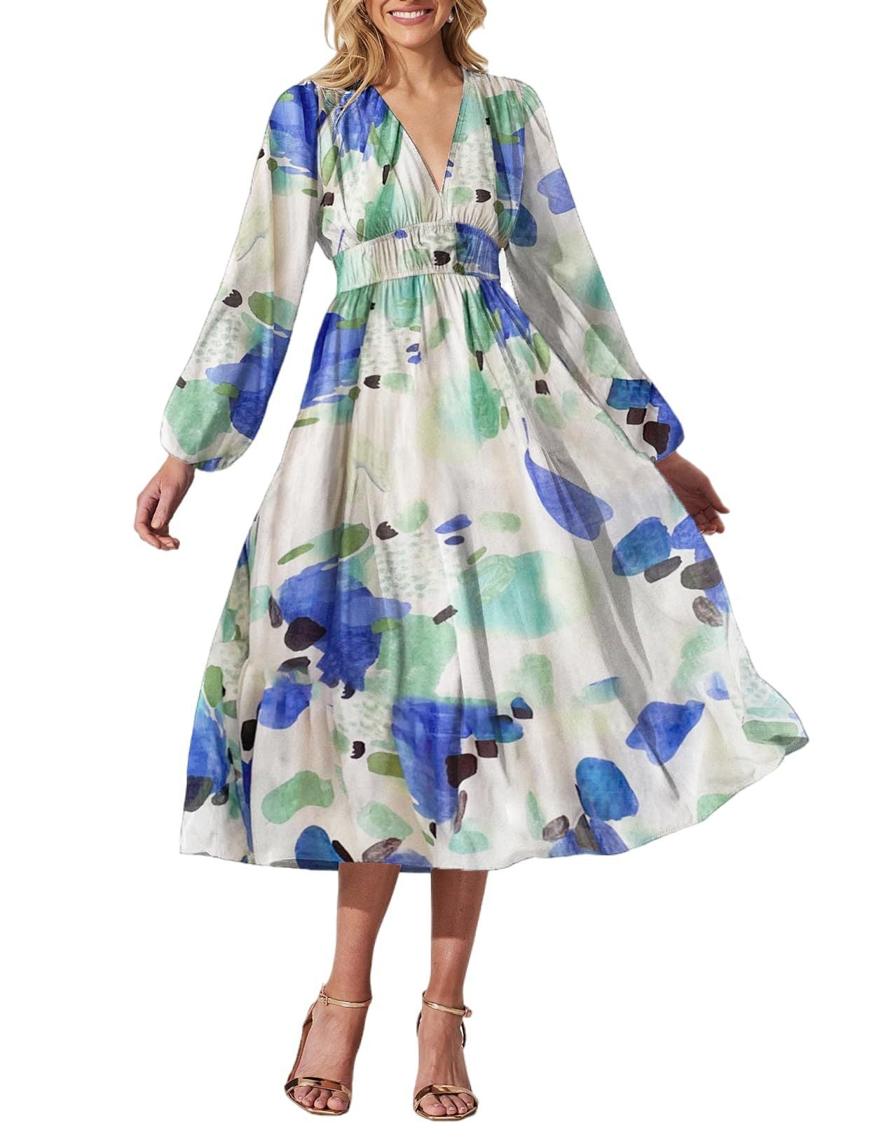 Printed V-Neck Long Sleeve Summer Maxi Dress