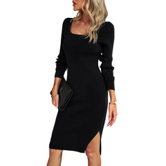 Square Neckline Woolen Dress in 5 Colors S-XL