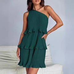 Layered One Shoulder Sleeveless Ruffled Mini Dress