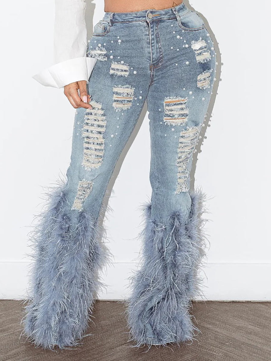 Feather Beaded Distressed Flare Jeans