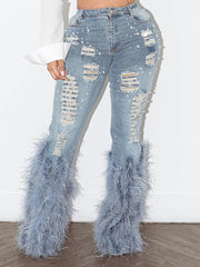 Feather Beaded Distressed Flare Jeans