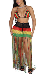 Two Piece Crochet Fishnet Bikini Top Tassel Skirt