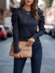 Round Neck Puffed Long Sleeve Top in 5 Colors S-XXL