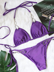 Metal Rhinestone Accented Monochrome Swimsuit Set