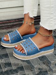 Beaded Denim Platform Slide