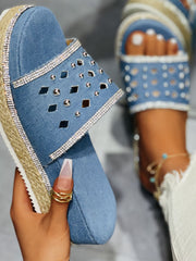 Beaded Denim Platform Slide