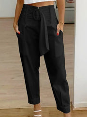 Linen Cropped Pants with Pockets and Belt