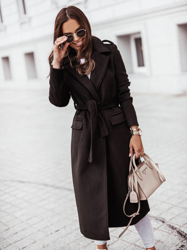 Long Sleeve Wool Coat with Waist Tie in 4 Colors S-XXL