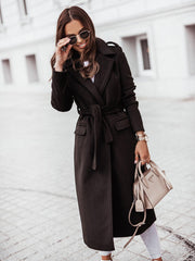 Long Sleeve Wool Coat with Waist Tie in 4 Colors S-XXL