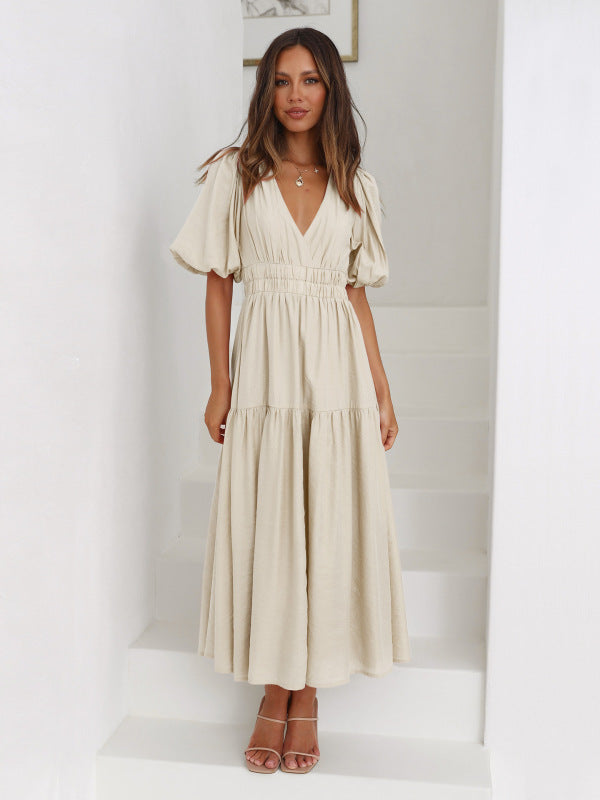 Robe midi unie à col en V et manches bouffantes, disponible en 4 couleurs, tailles 4 à 10 