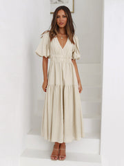 Robe midi unie à col en V et manches bouffantes, disponible en 4 couleurs, tailles 4 à 10 