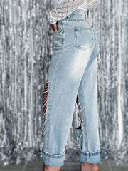Distressed Rhinestone Chain Straight Leg Jeans