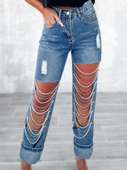 Distressed Rhinestone Chain Straight Leg Jeans