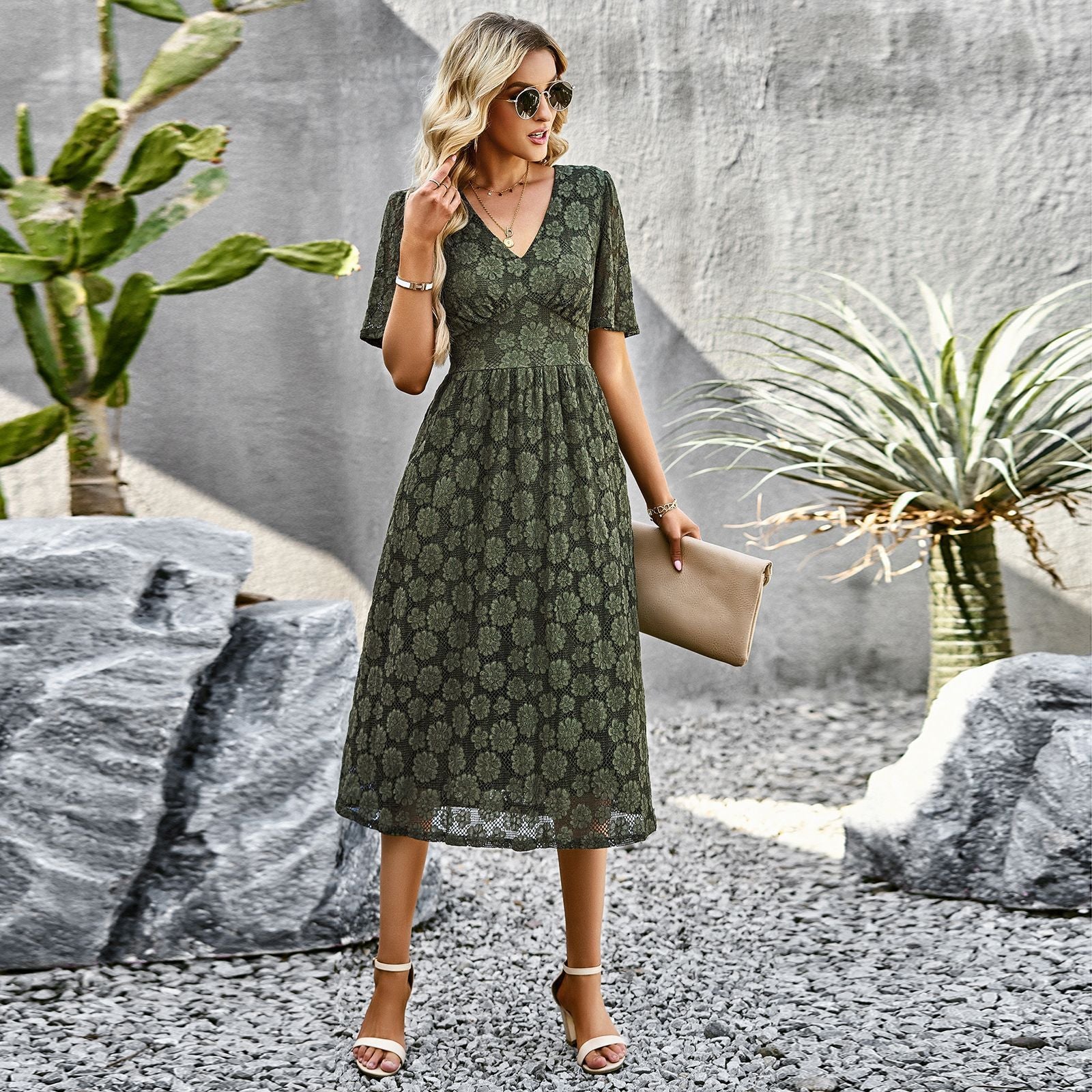 Elegant Short Sleeve V-Neck Formal Dress with Lace Overlay