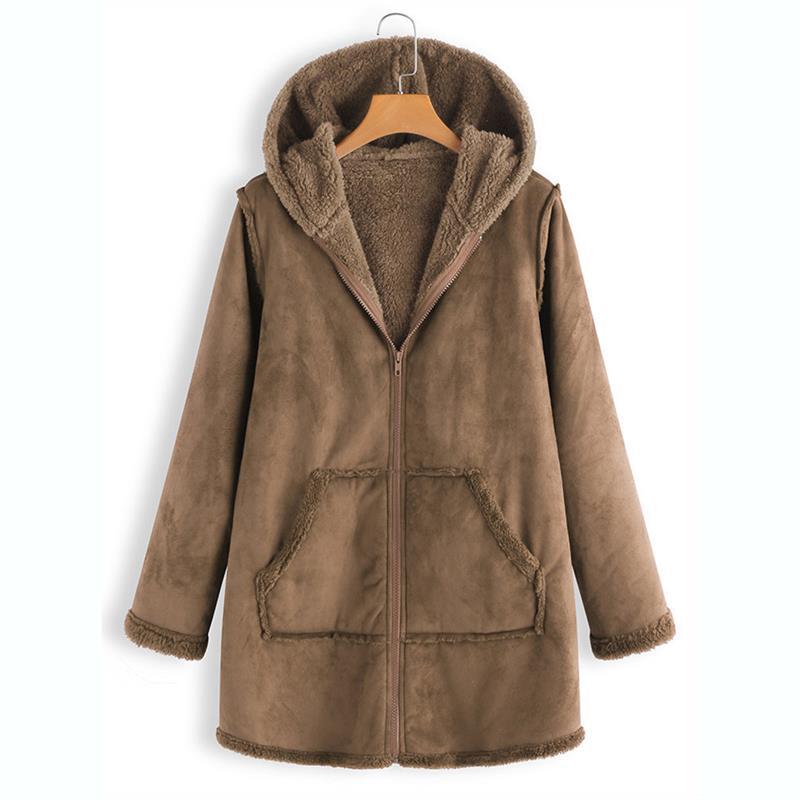Plush Hooded Coat with Pockets in 2 Colors M-5XL