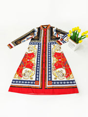 Long Sleeves Totem Pattern Belted Midi Dress