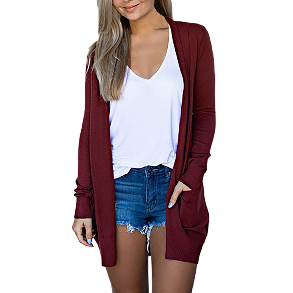 Long Sleeve Medium Length Cardigan with Pockets