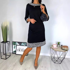 Three-Quarter Sleeve Black Midi Dress with Leopard Print Trim