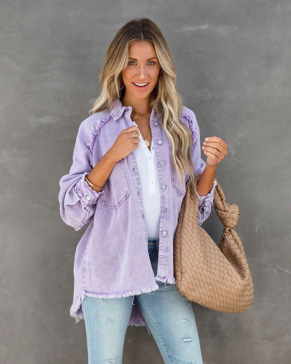 Long Sleeve Shirt Jacket with Raw Hem in 4 Colors S-XL