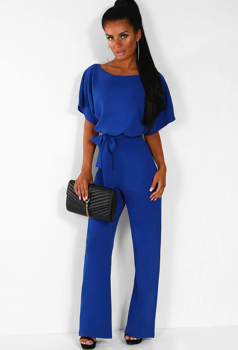 Boat Neck Short Sleeve Jumpsuit with Waist Tie in 7 Colors S-3XL