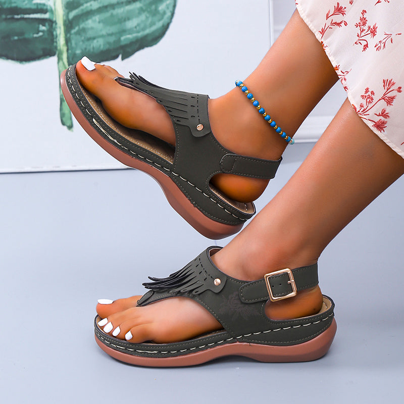 Roman Thong Sandals with Fringe and Ankle Strap