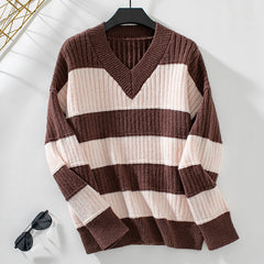 V-Neck Long Sleeve Striped Sweater