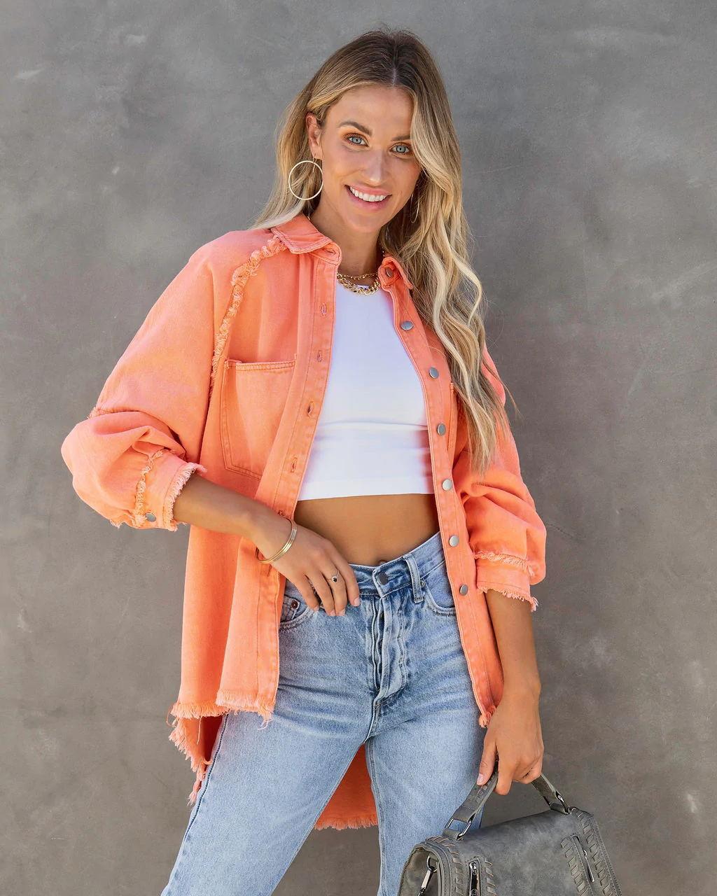 Long Sleeve Shirt Jacket with Raw Hem in 4 Colors S-XL