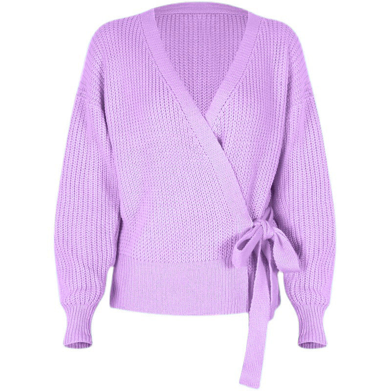 V-Neck Long Sleeve Wrap Knit Sweater with Waist Tie in 4 Colors S-XL