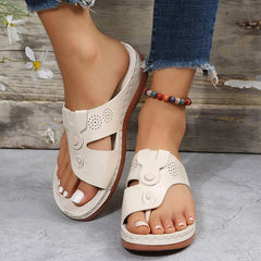 PU Leather Thong Roman Sandals with Wedge Heel