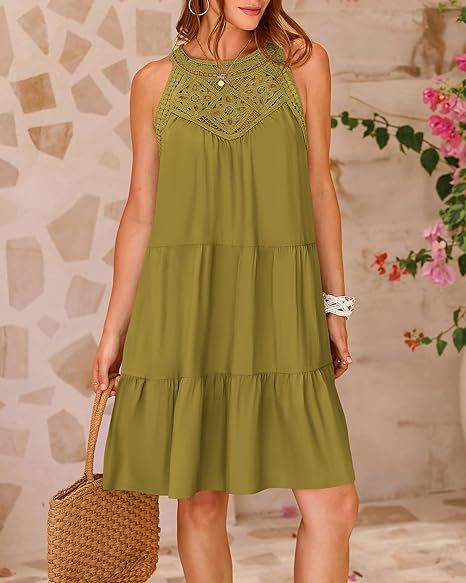 Halterneck Loose Fit Sleeveless Summer Dress with Lace in 8 Colors S-XXL