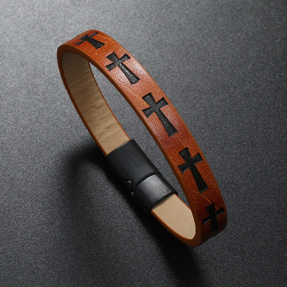 Lederarmband mit Kreuzdruck und Magnetschließe
